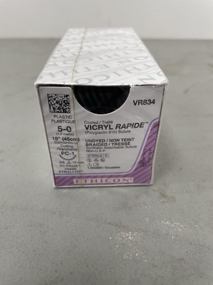 VR834 - ETHICON - Vicryl Rapide Absorbable Braided Polyglactin 910 Suture, Size 3-0, 18 in. Length, PC-1 Needle, (BX/12) - ( Expiry Date: 2025-12-31 )