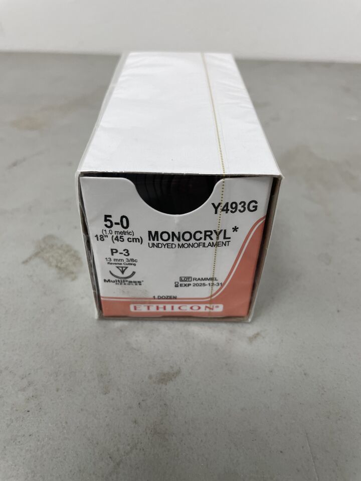 Y493G - ETHICON - Monocryl Absorbable Monofilament Poliglecaprone 25 Suture, Size 5-0, 18 in. Length, P-3 Needle, (BX/12) - ( Expiry Date: 2025-12-31 )
