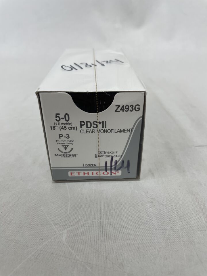 Z493G - ETHICON - PDS II (polydioxanone) Suture, Precision Point - Reverse Cutting, Absorbable, P-3 13mm 3/8 Circle, Undyed Monofilament 18" = 45cm, Size: 5-0, (BX/12) - ( Expiry Date: 2025-01-31 )