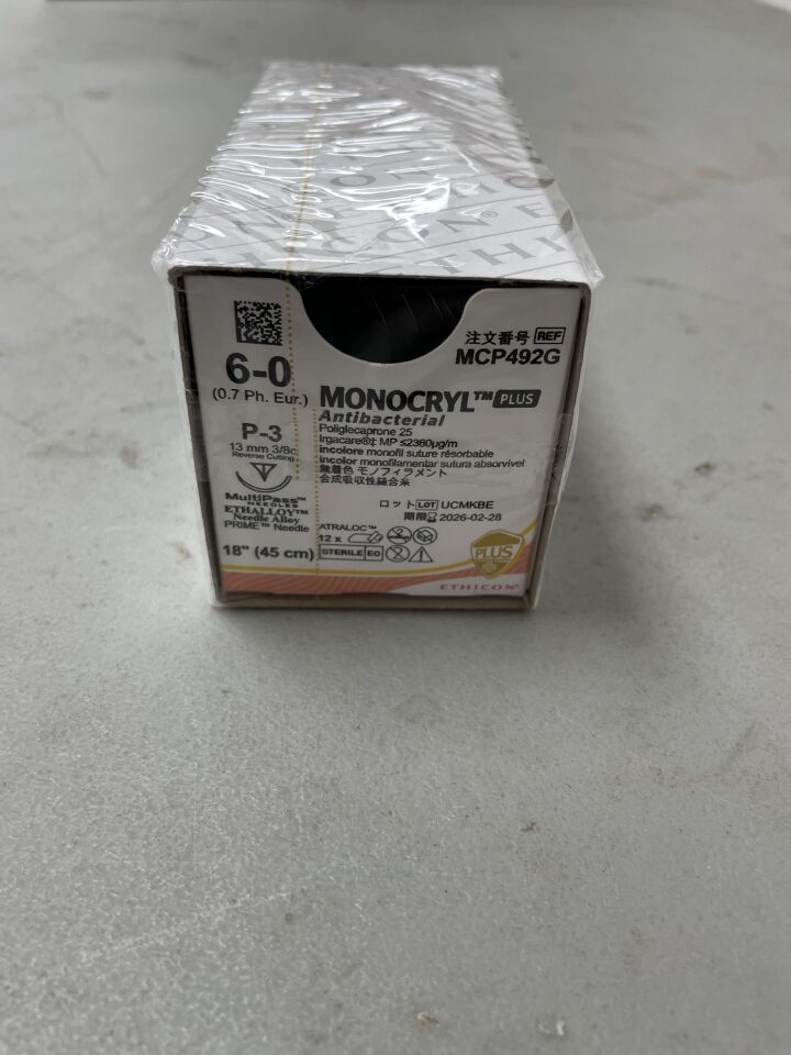 MCP492G - ETHICON - Monocryl Plus Absorbable Monofilament Suture, Size 6-0, 18 in. Length, P-3 Needle, (BX/12)