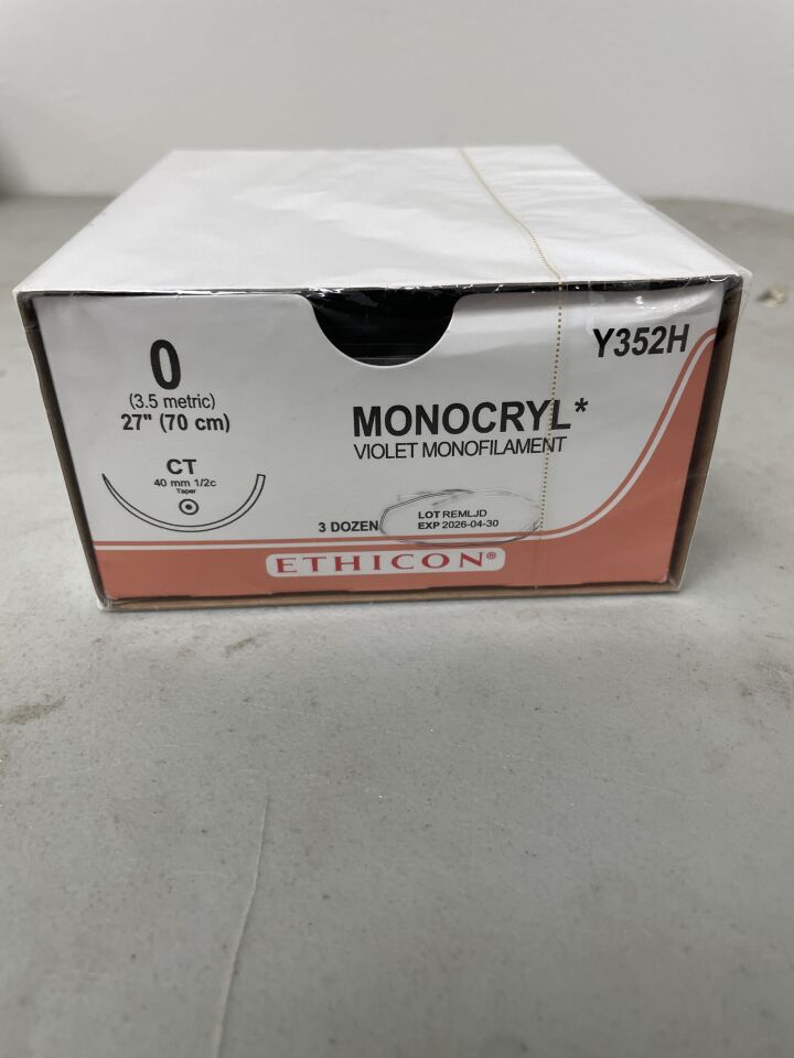 Y352H - ETHICON - MONOCRYL (poliglecaprone 25) Suture, Taper Point, Absorbable, Violet Monofilament 27" = 70cm, Size: 0, (BX/36)