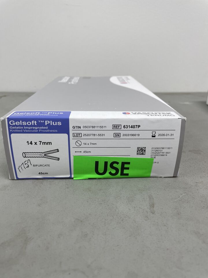 631407P - TERUMO - Gelsoft Plus Gelatin Impregnated Knitted Vascular Prothesis - Bifurcate - 14mm x 7mm x 45cm, (BX/1)