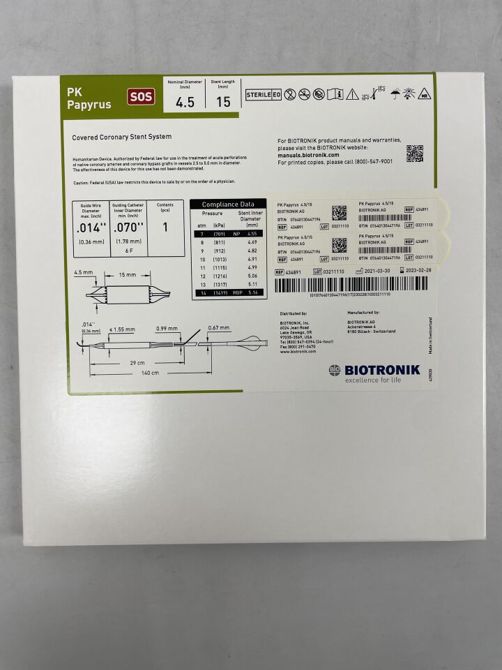 434891 - BIOTRONIK - pk papyrus covered coronary stent 4.5mm x 15mm, 140cm, (BX/1)