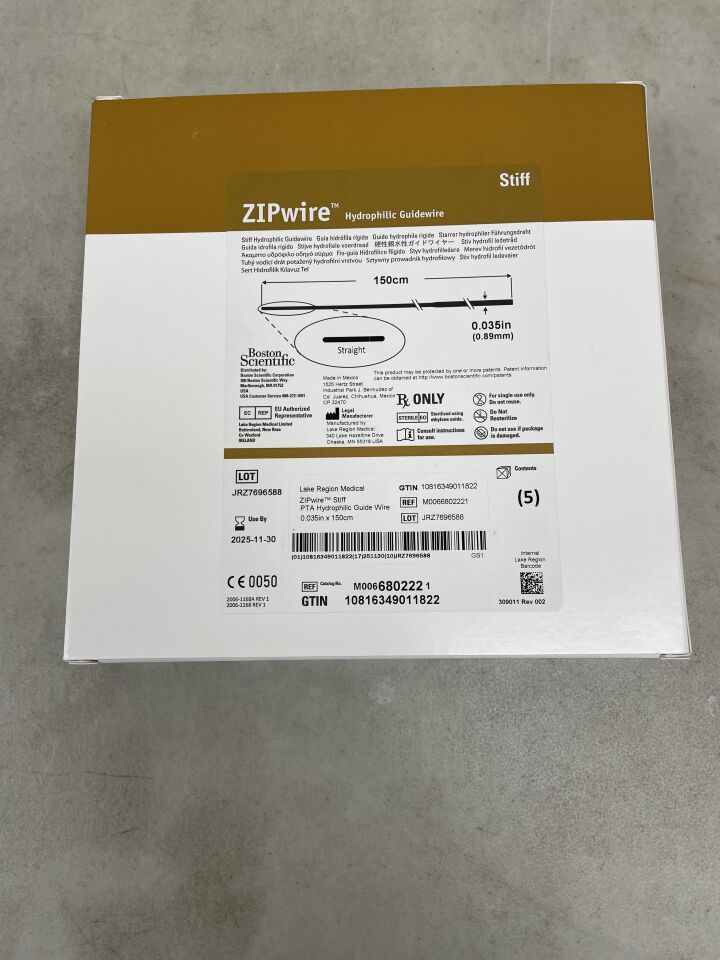 680222 - BOSTON SCIENTIFIC - ZIPwire Hydrophilic Guidewire - Stiff, Straight - .035" x 150cm, (BX/5)