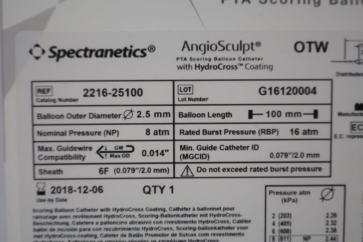 2216-25100 - SPECTRANETICS - AngioSculpt PTA Scoring Balloon Catheter 2.5mm x 100mm x 155cm (x), (BX/1)