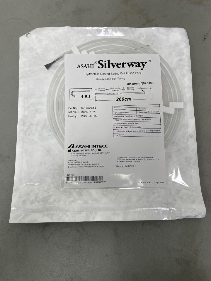 SJ1535N26S - ASAHI - Asahi Silverway Angiographic Guide Wire, 0.035" x 260cm, 1.5mm J, (EA)