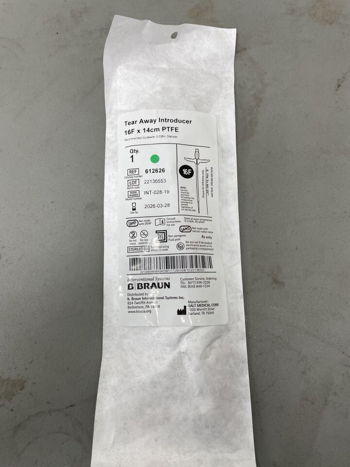 612626 - B BRAUN - Tear Away Introducer - PTFE - 16Fr x 14cm, (EA)