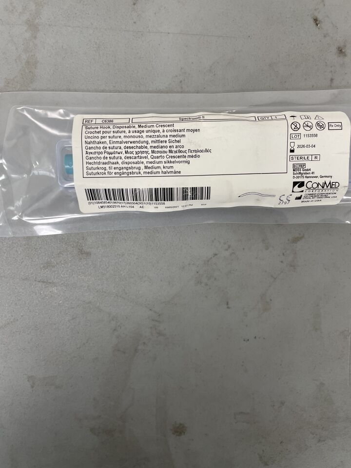 C6386 - CONMED - Spectrum II Crescent Suture Hook, Medium, Teal Handle Color, (EA)