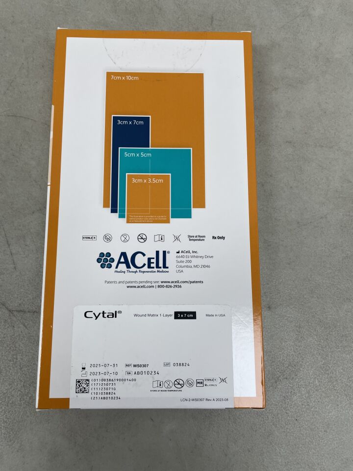 WS0307 - ACELL - Cytal Wound Matrix Extracellular Matrix (ECM), Porcine UBM, Skin Substitute, 1-Layer 3cm x 7cm, (BX/1)