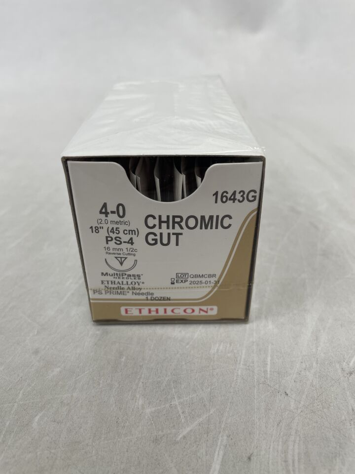 1643G - ETHICON - Surgical Gut Suture - Chromic, Size 4-0 L18in Absorbable Brown Ps-4 L16mm 1/2 Circle Prime Reverse Cutting Single Armed Needle Monofilament, (BX/12)