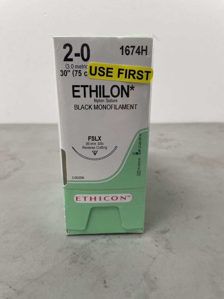 1674H - ETHICON - ETHILON Nylon Suture, Reverse Cutting, Non-Absorbable, FSLX 40mm 3/8 Circle, Black Monofilament 30" รย 75cm, Size: 2-0, (BX/36)