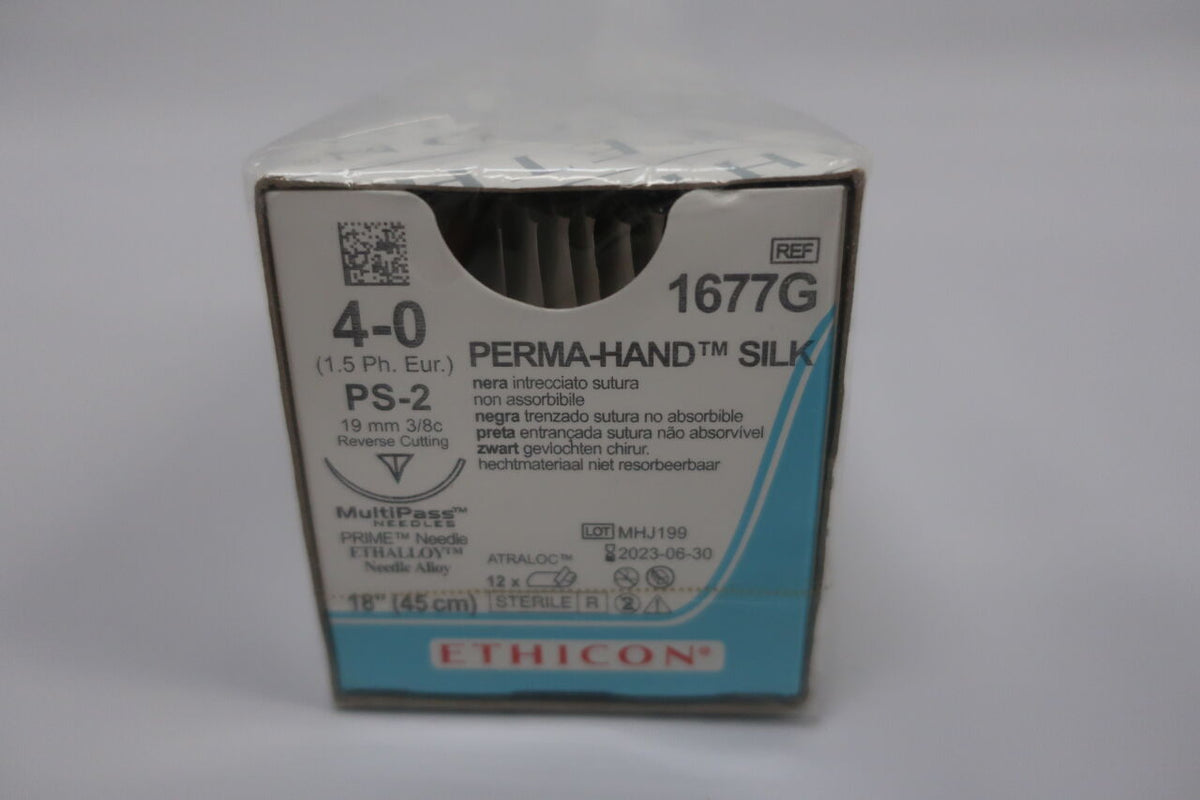 1677G - ETHICON - Perma-Hand Black Braided Silk, Nonabsorbable Surgical Suture, size 5-0, 18inch length, 3/8 Circle, 19 mm Needle Length, Silver Needle Color, PS-2 Needle, (BX/12)