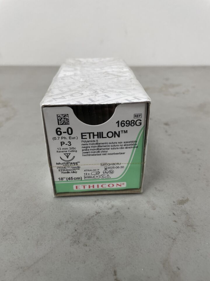 1698G - ETHICON - Ethilon Non-Absorbable Monofilament Nylon Suture, Size 6-0, 18 in. Length, P-3 Needle, (BX/12)