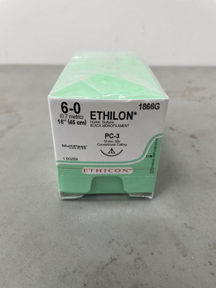 1866G - ETHICON - Ethilon Non-Absorbable Monofilament Nylon Suture, Size 6-0, 18 in. Length, PC-3 Needle, (BX/12)