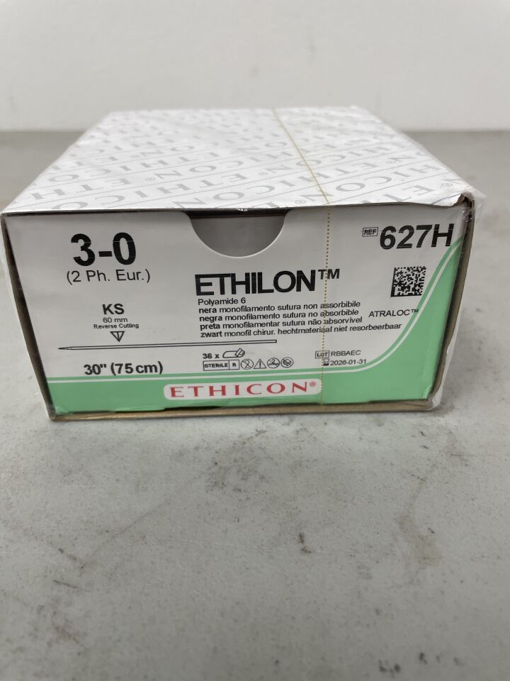 627H - ETHICON - Ethilon Non-Absorbable Monofilament Nylon Suture, Size 3-0, 30 in. Length, KS Needle, (BX/36)