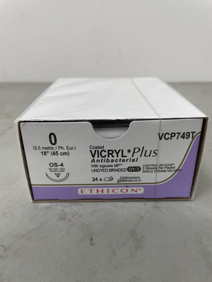 VCP749T - ETHICON - Coated Vicryl Plus Absorbable Braided Suture, Size 2, 18 in. Length, OS-8 Needle, (BX/24)