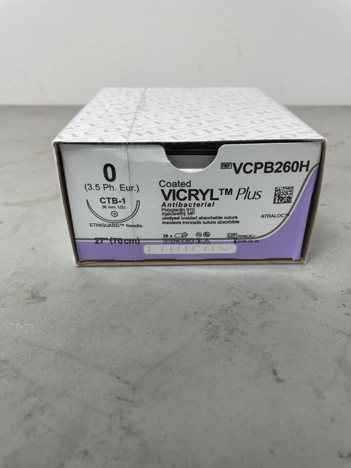 VCPB260H - ETHICON - Coated Vicryl Plus Absorbable Braided Antibacterial Suture, Size 0, 27 in. Length, CTB-1 Needle, (BX/36)