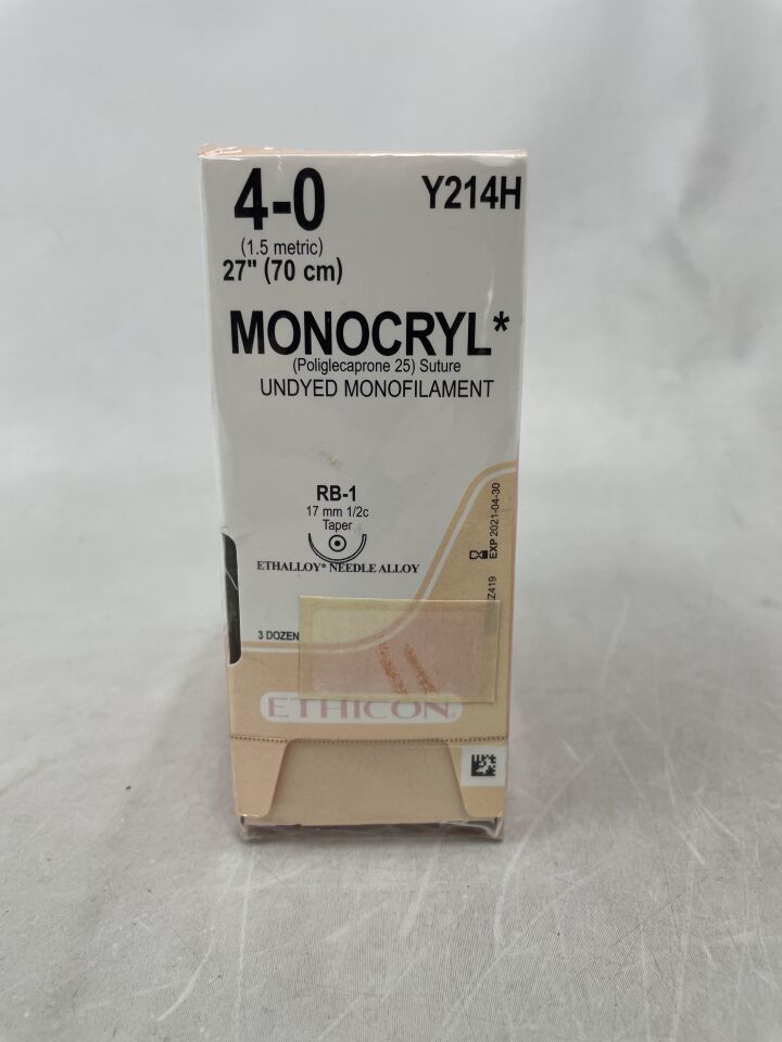 Y214H - ETHICON - MONOCRYL (poliglecaprone 25) Suture, Taper Point, Absorbable, RB-1 17mm ยฝ Circle, Undyed Monofilament 27" = 70cm, Size: 4-0, (BX/36)