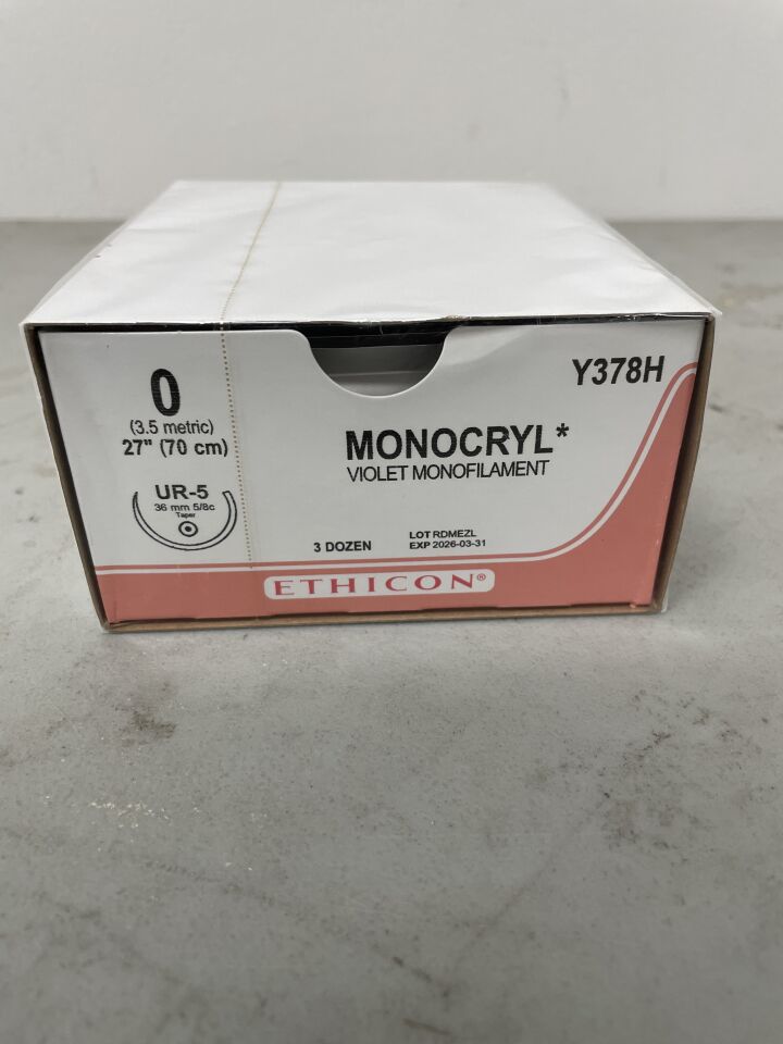 Y378H - ETHICON - Monocryl Violet Monofilament, Size 0, 27in length, UR-5 needle, (BX/36)