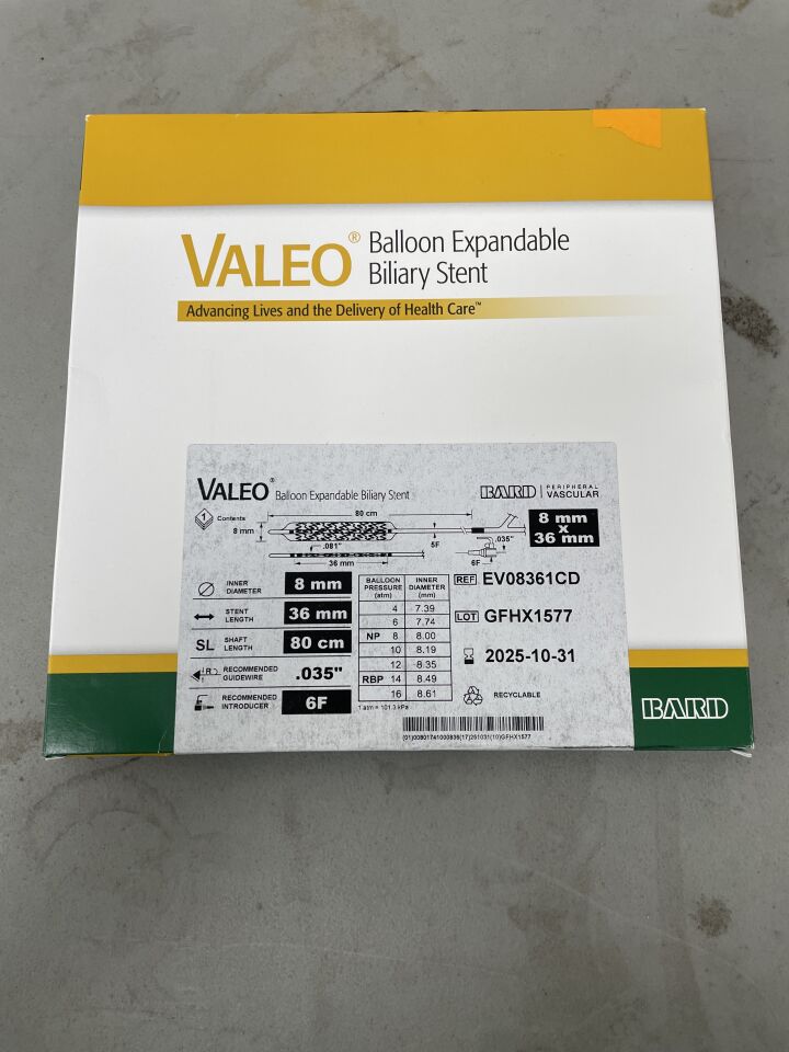 EV08361CD - BARD - VALEO Balloon Expandable Biliary Stent - 8mm x 36mm x 80cm, (BX/1)