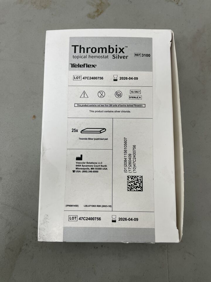 3100 - TELEFLEX - Vascular Solutions Thrombix Topical Hemostat Silver, Iyophilized Pad, (BX/25)