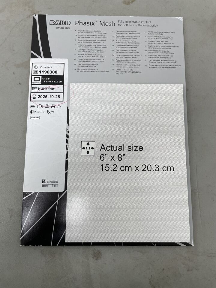 1190300 - BARD - Phasix Mesh Fully Resorbable Monofilament Scaffold 15.2cm x 20.3cm (6" x 8") Rectangle, (BX/1)
