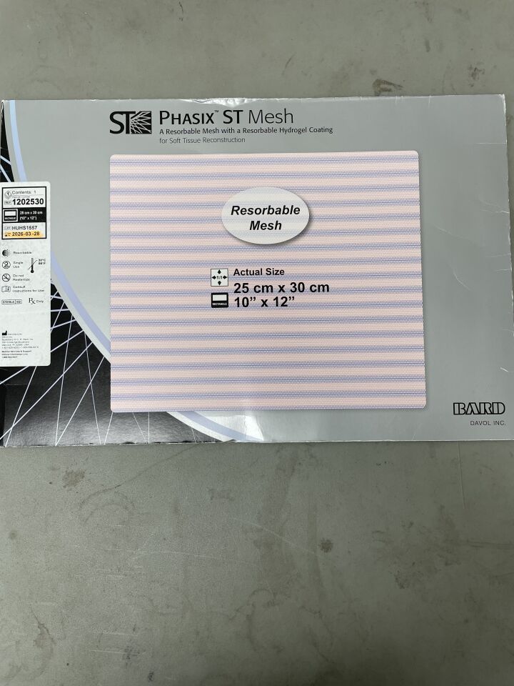 1202530 - BARD - Phasix ST Monofilament Resorbable Mesh w/Hydrogel Barrier 25cm x 30cm (10" x 12") Rectangle, (BX/1)