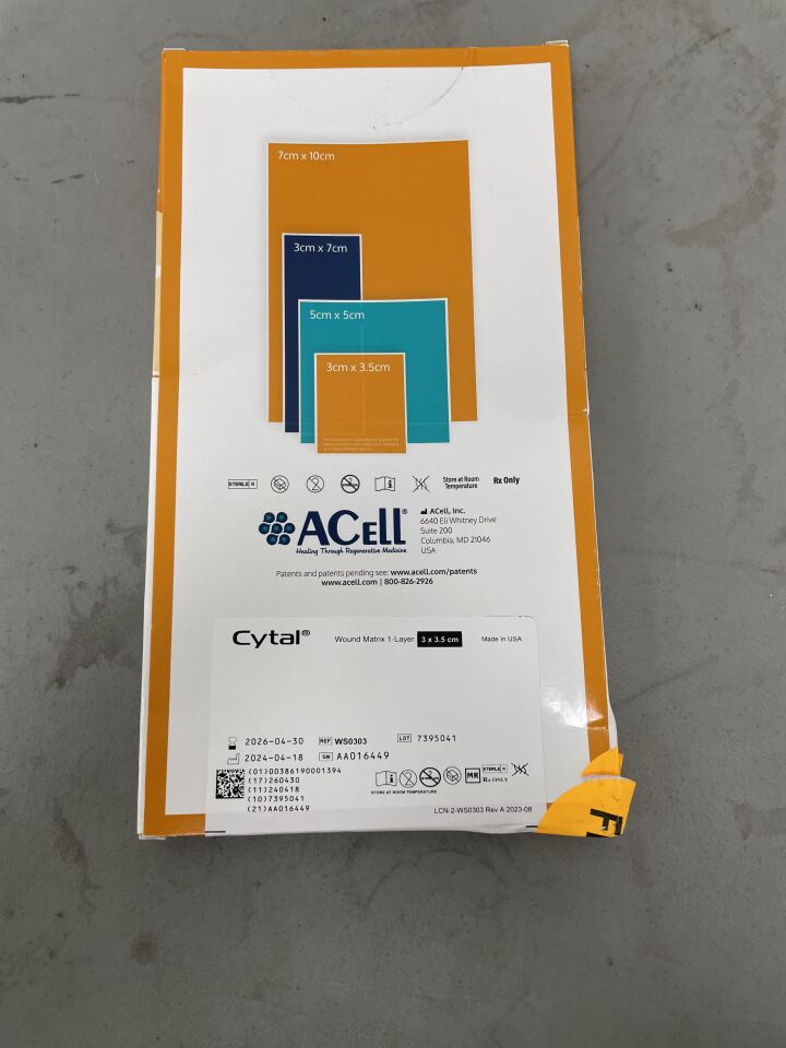 WS0303 - ACELL - Cytal Wound Matrix Extracellular Matrix (ECM), Porcine UBM, Skin Substitute, 1-Layer 3cm x 3cm, (BX/1)