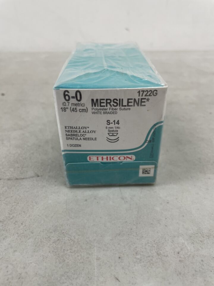 1722G - ETHICON - MERSILENE Polyester Fiber Suture, Non-Absorbable, SABRELOC - Spatula, White Braided, 45cm, Size: 6-0, (BX/12)