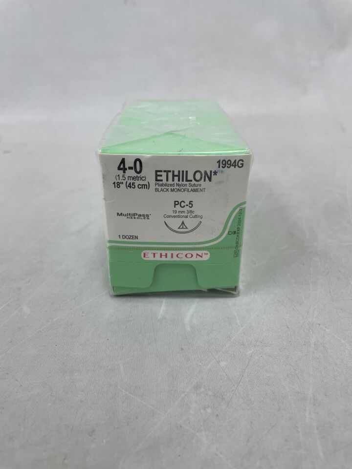 1994G - ETHICON - ETHILON Nylon Suture, Precision Cosmetic - Conventional Cutting PRIME, Non-Absorbable, PC-5 19mm 3/8 Circle, Black Monofilament 18" = 45cm, Size: 4-0, (BX/12)
