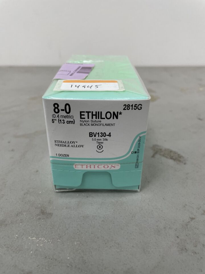 2815G - ETHICON - ETHILON Nylon Suture, Taper Point, Non-Absorbable, BV130-4 5.0mm 3/8 Circle, Black Monofilament 5" = 13cm, Size: 8-0, (BX/12)
