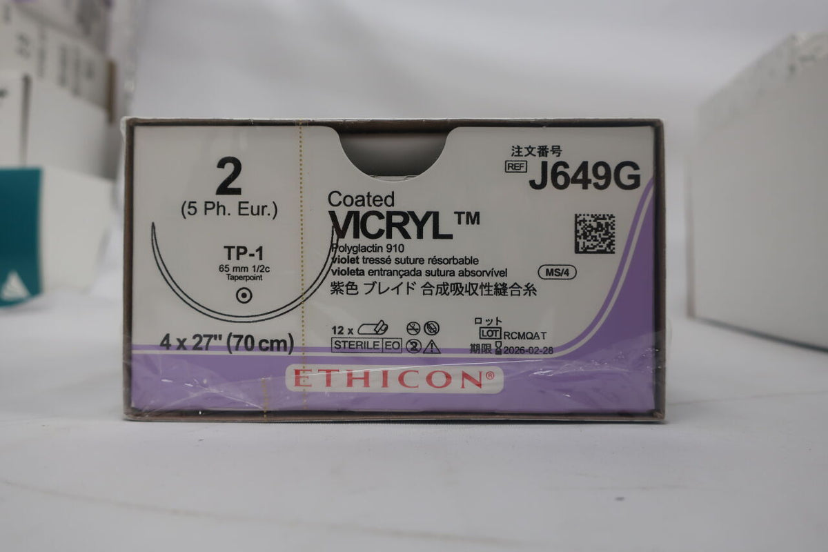 J649G - ETHICON - Coated Vicryl Absorbable Braided Polyglactin 910 Suture, Size 2, 27 in. Length, TP-1 Needle, (BX/12)