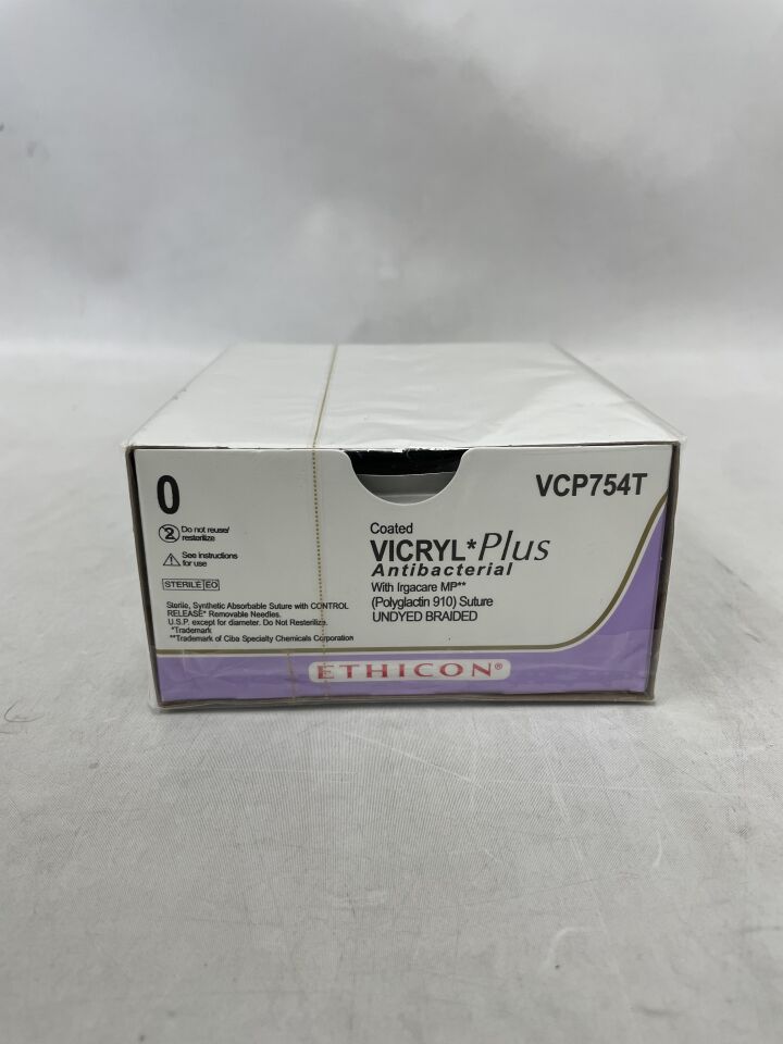 VCP754T - ETHICON - COATED VICRYL Plus Antibacterial (polyglactin 910) Suture, Reverse Cutting, Absorbable, OS-6 36mm ½ Circle, Undyed Braided, 3-18" = 45cm, Size: 0, (BX/24)