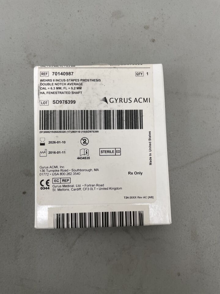 70140987 - GYRUS - wehrs ii incus-stapes prosthesis double notch average oal = 6.3 mm; fl = 5.2 mm ha, fenestrated shaft, (BX/1)