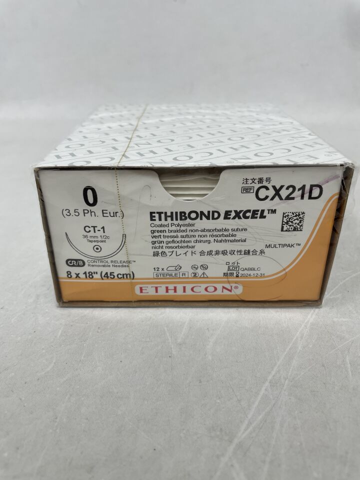 CX21D - ETHICON - ETHIBOND EXCEL Polyester Suture, Taper Point, Non-Absorbable, CT-1 36mm ½ Circle, Green Braided 8-18" = 45cm, Size: 0, (BX/12)