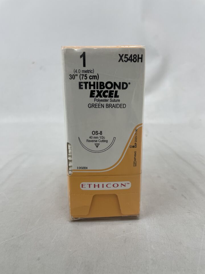 X548H - ETHICON - ETHIBOND EXCEL Polyester Suture, Reverse Cutting, Non-Absorbable, OS-8 40mm ยฝ Circle, Green Braided 30" = 75cm, Size: 1, (BX/36)