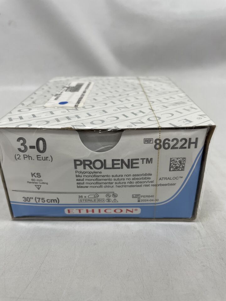 8622H - ETHICON - Prolene Non-Absorbable Monofilament Polypropylene Suture, Size 3-0, 30 in. Length, KS Needle, (BX/36)