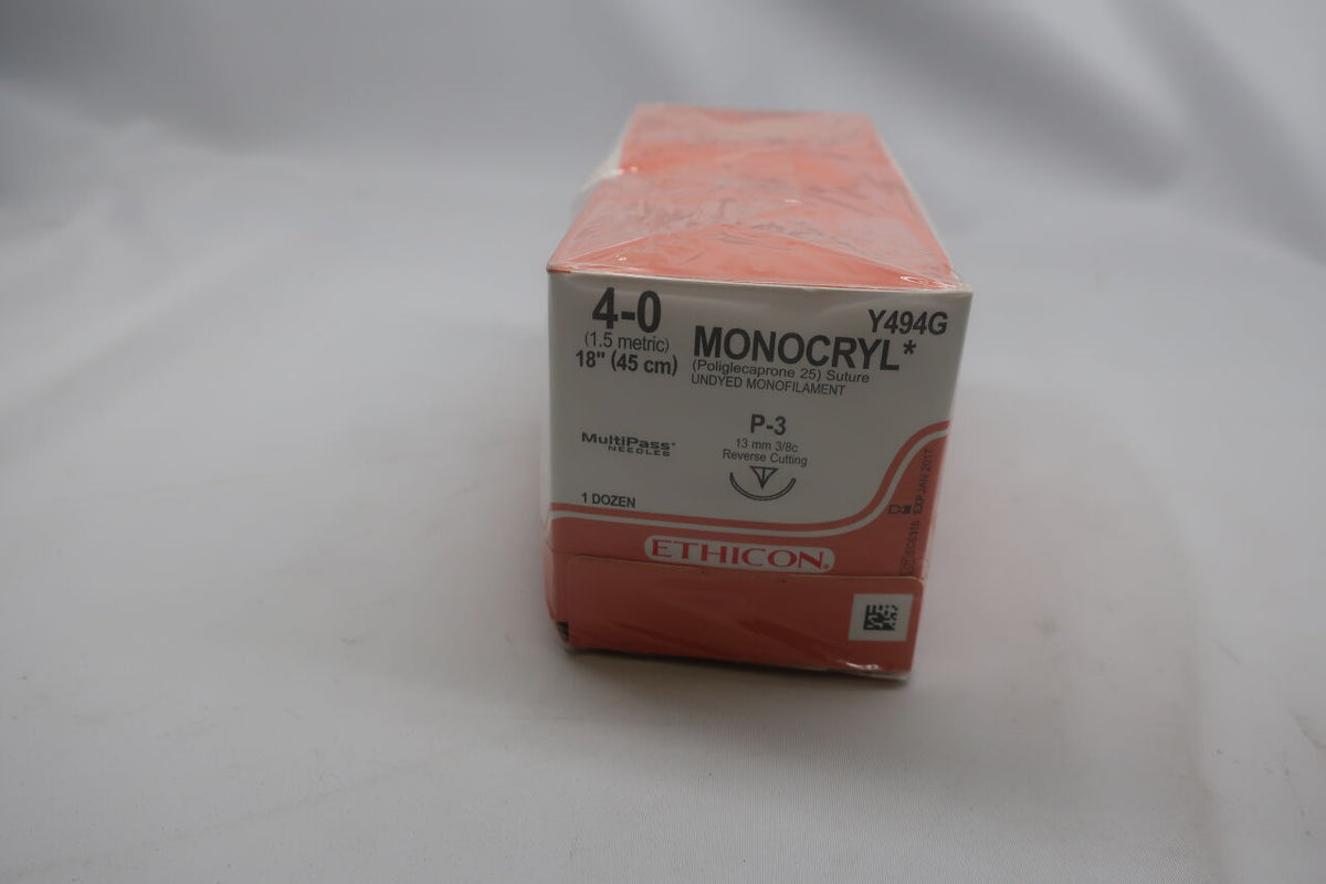 Y494G - ETHICON - Monocryl Absorbable Monofilament Poliglecaprone 25 Suture, Size 4-0, 18 in. Length, P-3 Needle, (BX/12)