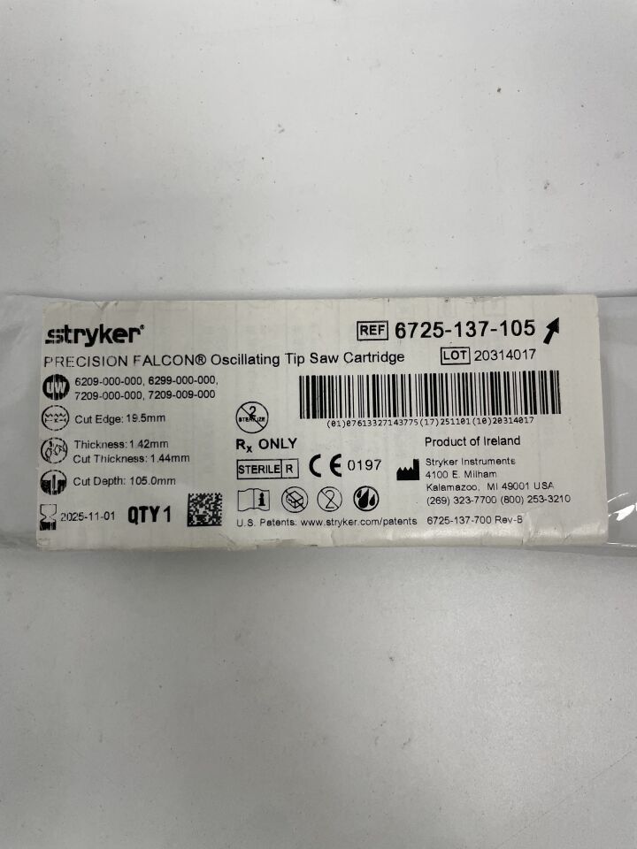 6725-137-105 - STRYKER - Precision Falcon Oscillating Tip Saw Cartridge, 19.5 mm Cut Edge, 105 mm Cut Depth, (EA)