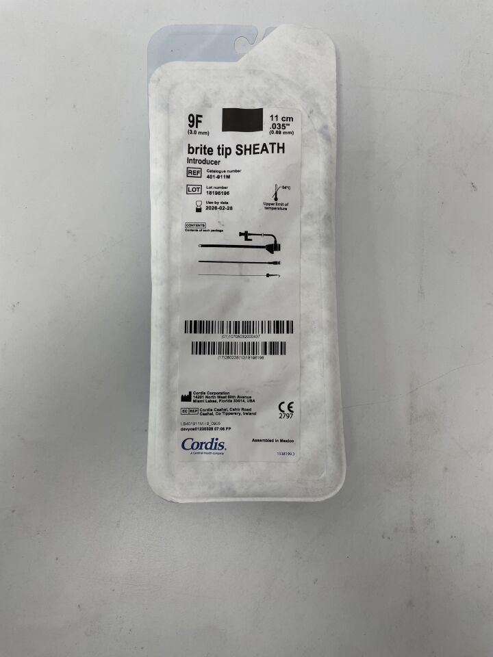 401-911M - CORDIS - Brite Tip SHEATH Introducer - 9Fr x 11cm x .035", (EA)