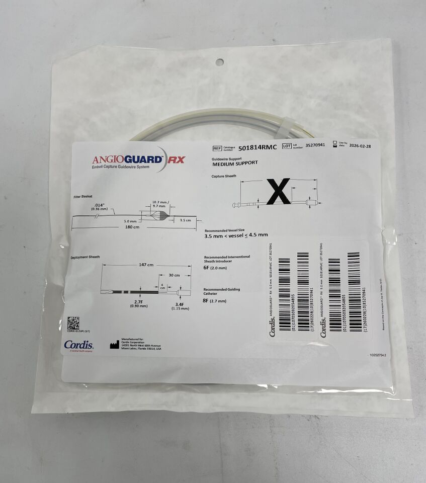 501814RMC - CORDIS - ANGIOGUARD RX Emboli Capture Guidewire System - Medium Support - 5.0mm x .014" x 180cm, (EA)