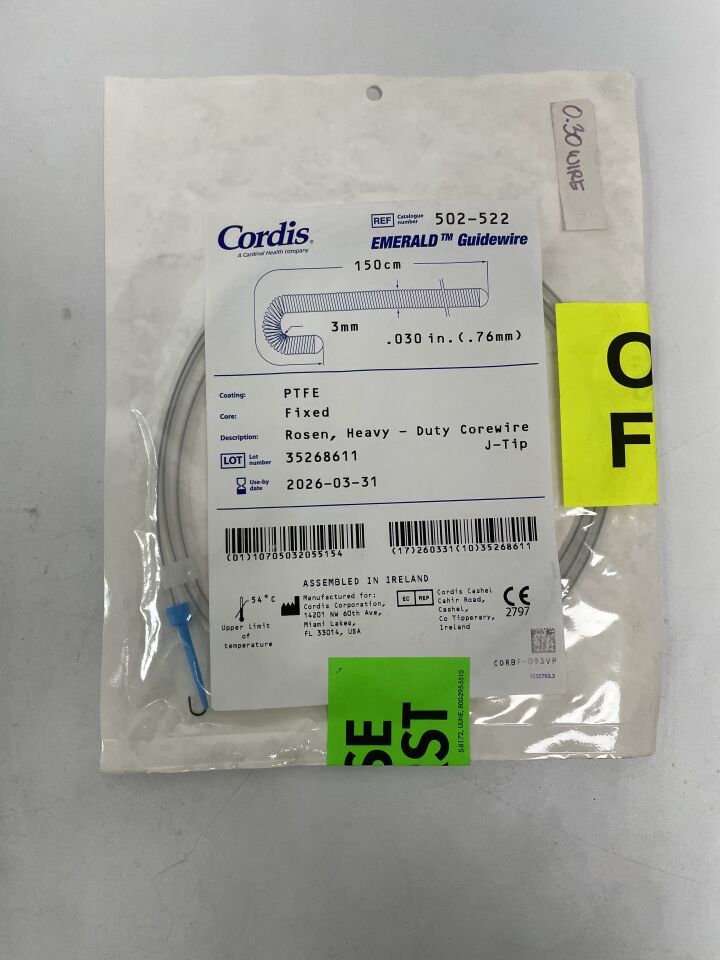 502-522 - CORDIS - Emerald PTFE Guidewire: Standard, Fixed Core, Rosen, Heavy J-Tip 0.030" x 150cm, (EA)