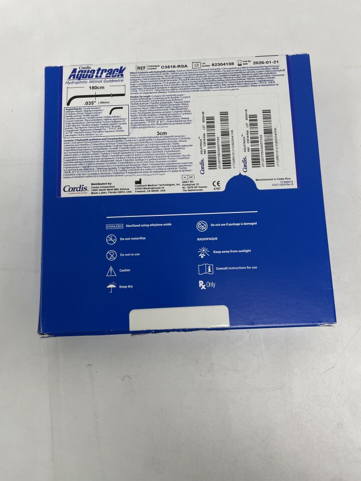 C3518-RSA - CORDIS - Aquatrack Hydrophilic Nitinol Guidewire, Regular, Angled: 0.035" x 180cm, (BX/5)