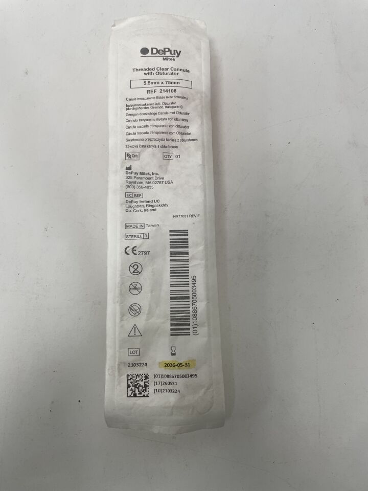 214108 - DEPUY - Threaded Clear Cannula System with Obturator, 5.5 dia. x 75 mm Length, (EA)