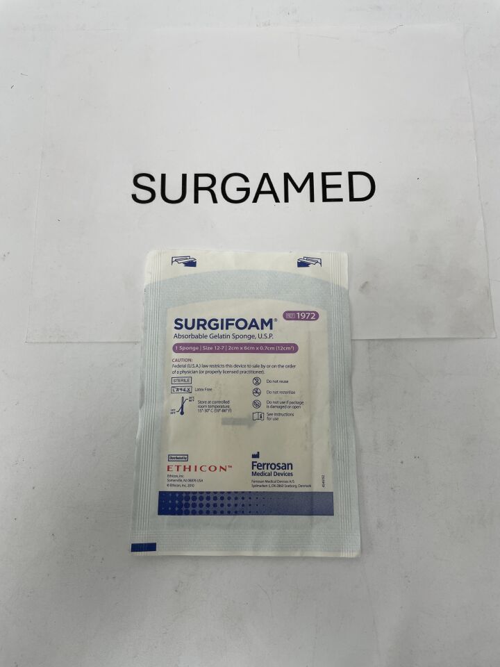 1972 - ETHICON - Surgifoam, Absorbable Gelatin Sponge, size 12-7, 2cm x 6cm x 0.7cm, (EA)