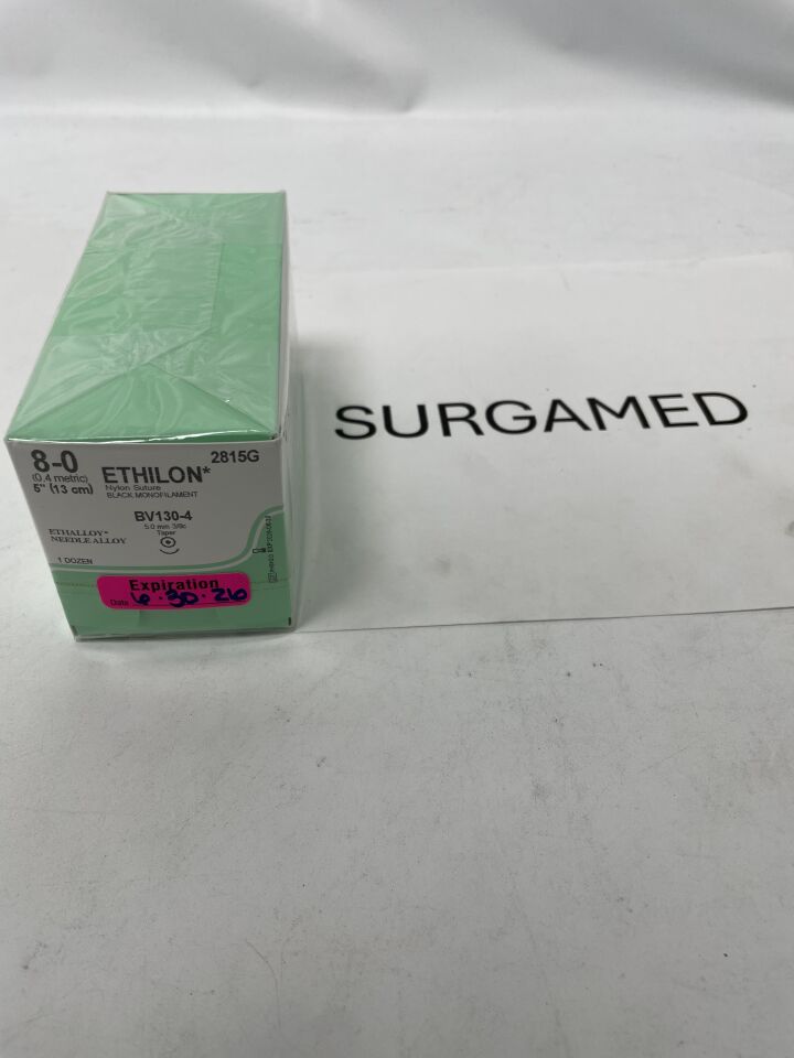 2815G - ETHICON - ETHILON Nylon Suture, Taper Point, Non-Absorbable, BV130-4 5.0mm 3/8 Circle, Black Monofilament 5" = 13cm, Size: 8-0, (BX/12)