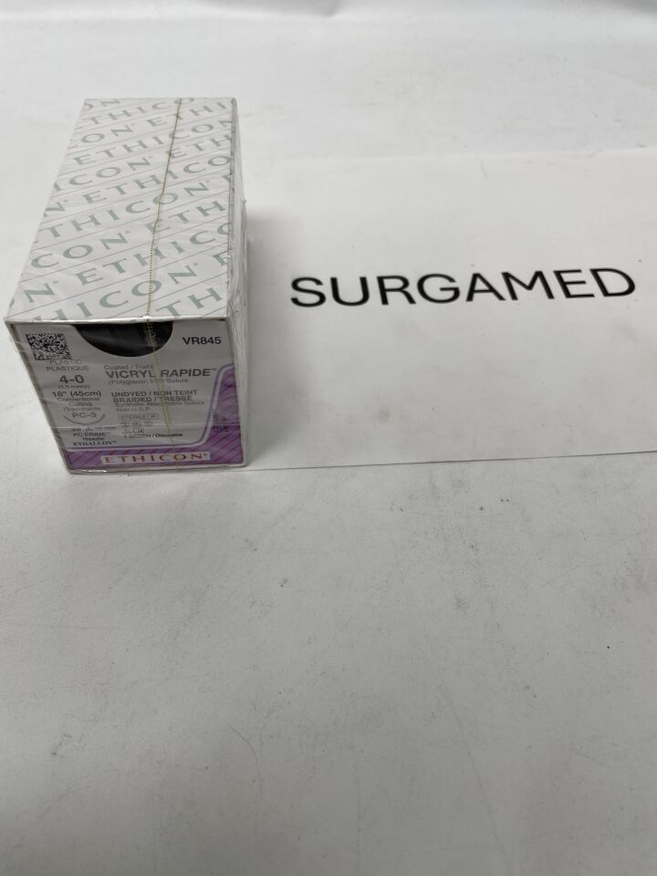VR845 - ETHICON - Vicryl Rapide Absorbable Braided Polyglactin 910 Suture, Size 4-0, 18 in. Length, PC-3 Needle, (BX/12)
