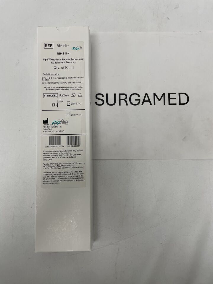 RB41-S-4 - ZIPTEK - ZipE Knotless Tissue Repair & Attachment Devices, #4 Resorbable Captures, Two #2 UHMWPE Suture, Two Thermoplastic Tip Covers, (BX/1)