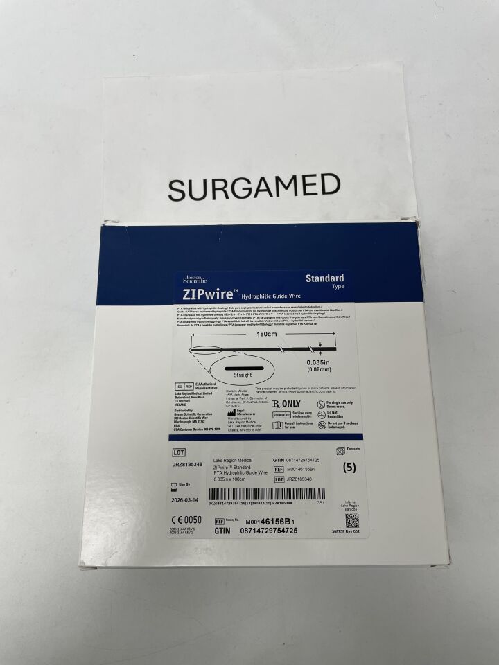 46156B - BOSTON SCIENTIFIC - ZIPwire PTA Hydrophilic Guidewire - Standard, Straight - .035" x 180cm, (BX/5)