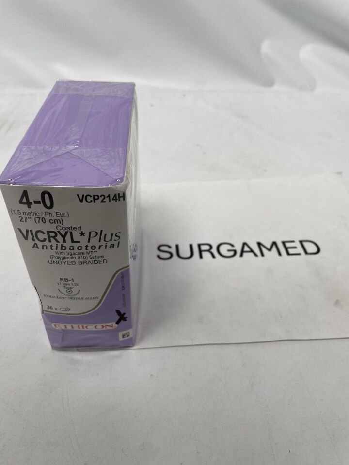 VCP214H - ETHICON - COATED VICRYL Plus Antibacterial (polyglactin 910) Suture, Taper Point, Absorbable, RB-1 17mm ยฝ Circle, Undyed Braided 27" = 70cm, Size: 4-0, (BX/36)
